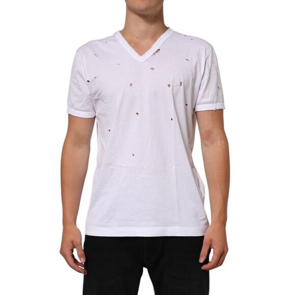Dolce & Gabbana White Distressed Cotton V Neck Men Men's T-shirt